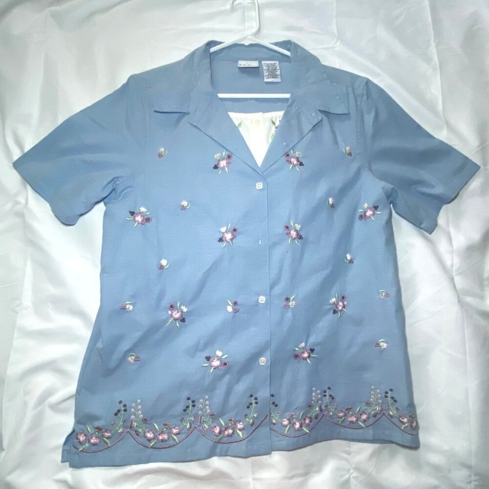 Vtg Embroidered Floral Button-Up Blouse Cottagecore Grandmacore GoldenGirls14/16